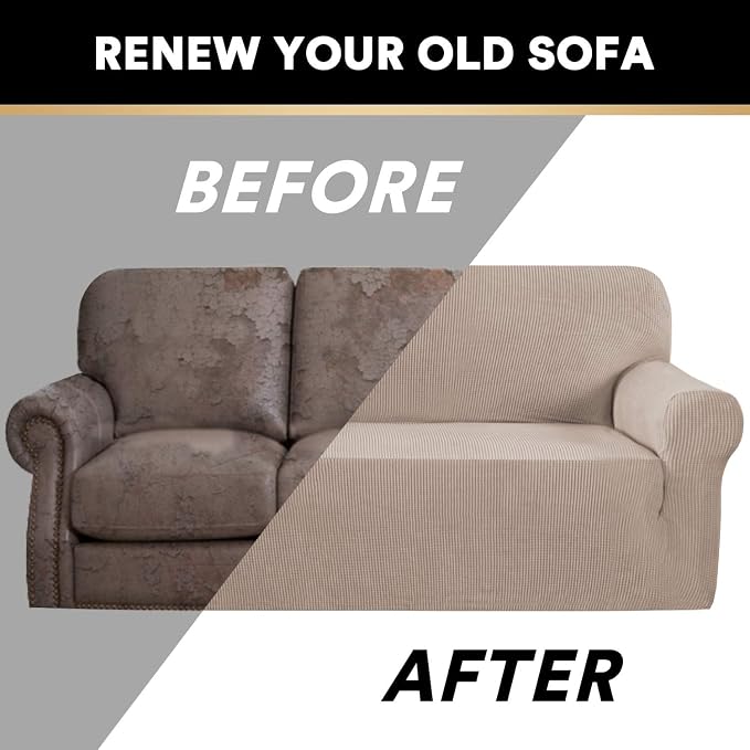 Stretch Sofa Cover Slipcover Couch Covers for 3 Cushion Couch Furniture Protector Sofa Covers with Non Slip Elastic Bottom Dogs Pet Friendly Fitted(Large Sofa 90"-100",Sand)