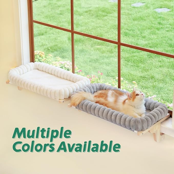 Zakkart SnugCloud Cat Window Perch with 4-Sided Bolster - Large Cat Hammock for Window Sill - Solid Hardwood & Metal Frame - Window Seat for Pets (Natural Color Wood w/Gray Bed, Large)