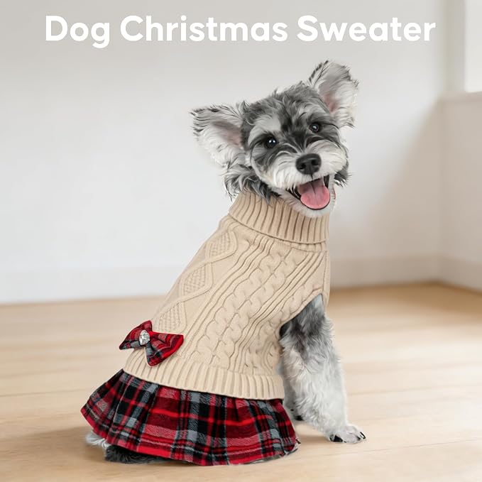 KYEESE Dog Sweater Dress Turtleneck Thick Knit Pullover for Cold Weather | Stretchy Fit, Lightweight & Warm, Cozy Knit Comfort, Cute Bow Accent, Gentle on Sensitive Skin, Comfortable Daily Wear