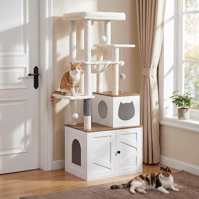 HOOBRO Cat Tree with Litter Box Enclosure, Tall Cat Tower for Indoor Cats | All-in-One Modern Cat Condo, Hidden Litter Box Enclosure Furniture, White and Walnut WH51MZ03