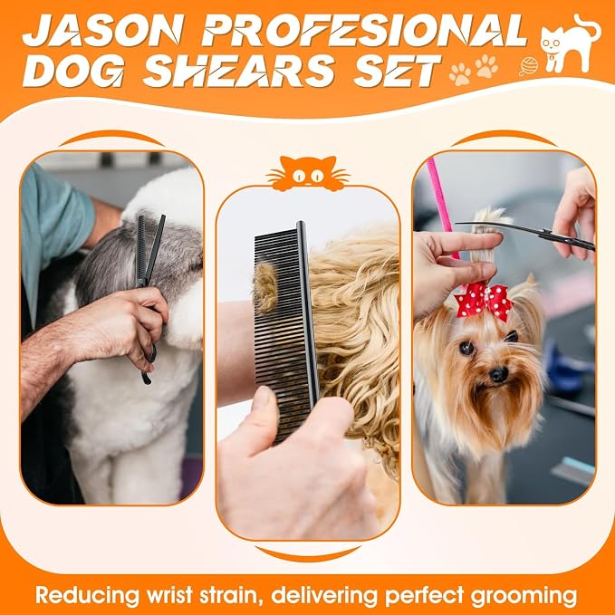 JASON Dog Grooming Scissors Set - Professional 6 in 1 Pet Shears Kit | 6.5" Thinning, 7" Straight, 7" Up-Curved, 7" Down-curved Shears and Comb for Cat Pet with Adjustable Screw, Black