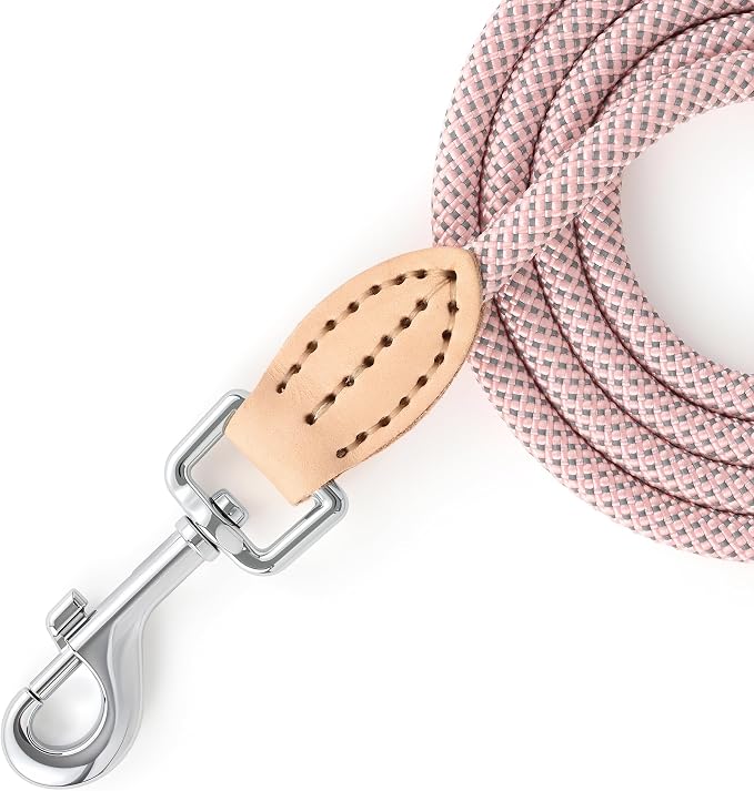 Mile High Life Dog Leash with Genuine Leather Connection, Thin Lightweight | Rope Leash, Heavy Duty 360° Swivel Metal Clasp, for Small Medium & Large Dogs Walking (Pink, 48 Inch-1/3)