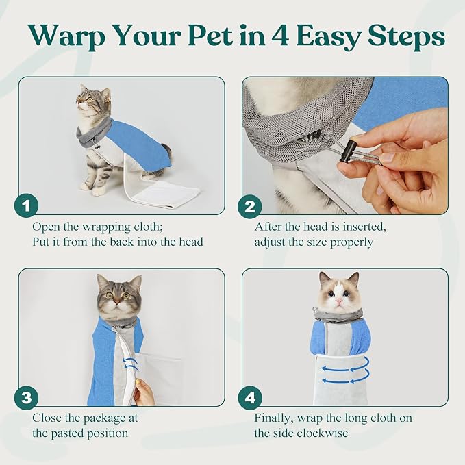 Supet Cat Grooming Wrap for Cutting Nails, Self-Adhesive Calm Cat Swaddle | Bite-Proof Mesh Hood & Thick Waist Strap Anti-Escape Anti-Scratch Bag for Nail Trimming, Medication, Ear Cleaning (Blue S)