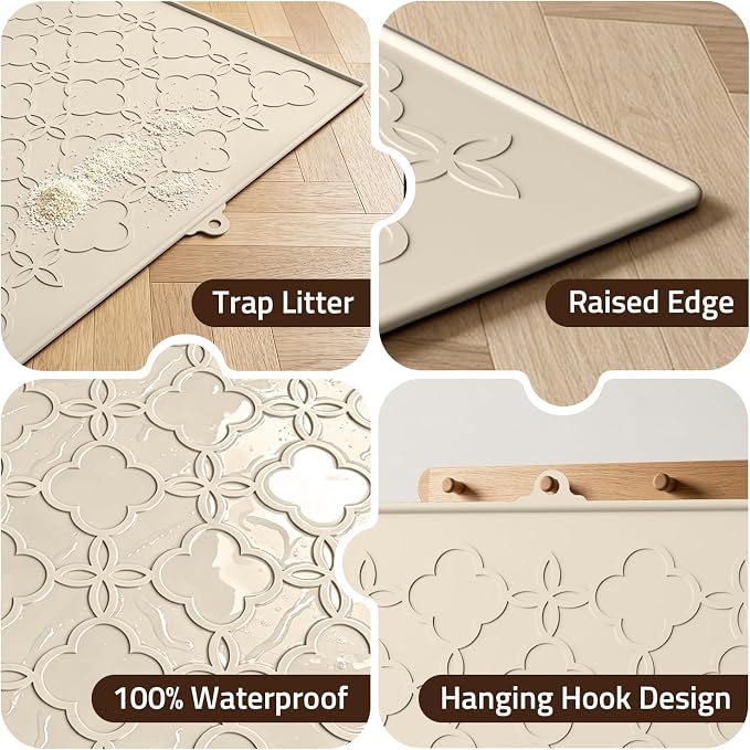 Pawtners Cat Litter Mat Extra Large 42" X 30", Easy to Clean, Beige, 2 Pack | Non-Slip Kitty Litter Mat for Floor, Waterproof & Urine-Proof Cat Litter Mat Litter Trapping Mat, Soft on Kitty Paws