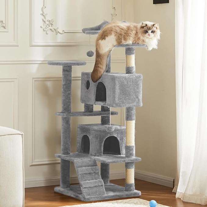 54 Inch Cat Tree Tower with Scratching Post, Light Grey | Multi-Level Cat Tower with Condo and Climbing Ladder, Play Toy Balls House for Indoor Cats