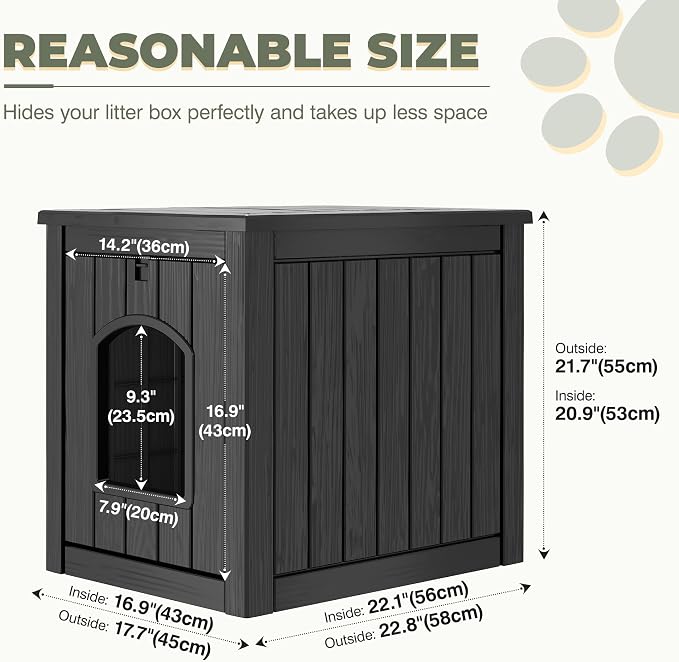 Cat Litter Box Enclosure, Openable Front Door Outdoor Enclosed Cat Litter Box, Outdoor Cat House Weatherproof Raised Floor, Easy to Clean, Black