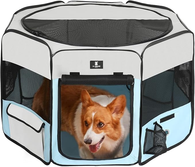 X-ZONE PET Dog Playpen Portable Pet Play Pens for Puppies, Cat, Rabbit, Chicks, Foldable Exercise Play Tent Kennel Crate, Indoor/Outdoor Travel Camping Blue Medium