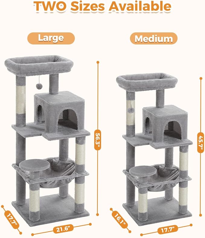 MUTTROS 56.3" Cat Tree with Metal Hammock, 2-Door Condo, 6 Tiers, Gray | 6-tier shelves, Metal plush hammock, 2-door condo house, Sisal posts, Large top perch, For adult cats