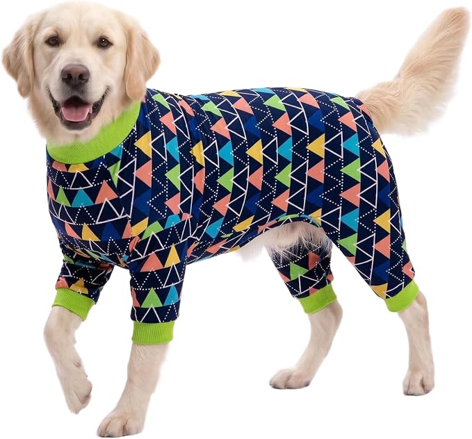 LovinPet Dog PJS Onesies for Large Dogs, Blue Triangle Print, Post Surgery Shirt, UV Protection, Pet Anxiety Relief, Wound Care Onesie for Large Dog,Medium