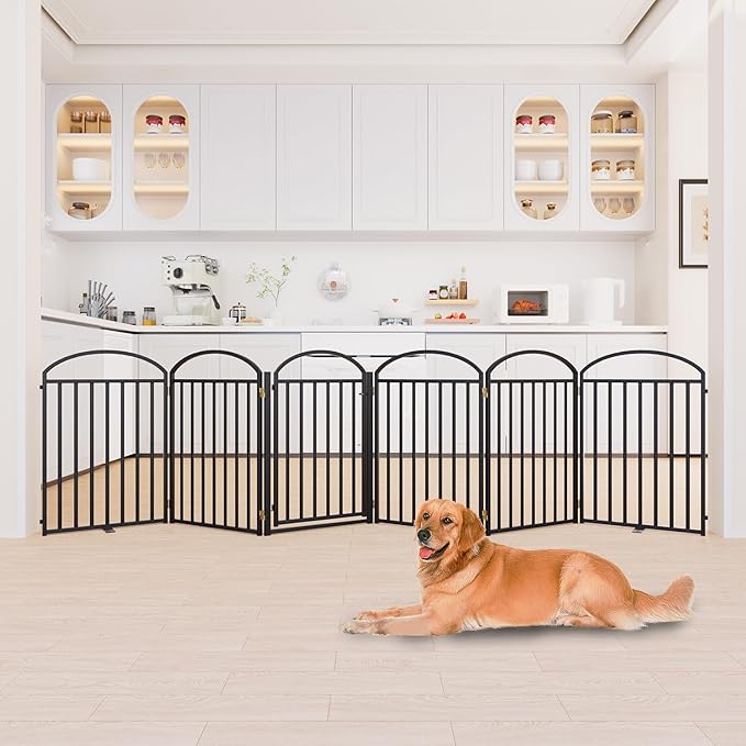 SNUOWU 6 Panels Full Matel Freestanding Dog Gates with Door, 144"Extra Wide 32"Tall Free Standing Dog Pet Gate for Indoor & Outdoor. Foldable Pet Fences for Doorways, House, Stairs, Porch, Deck, Yard