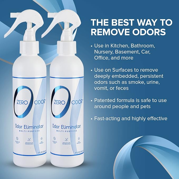 Zero Odor Multi-Purpose Odor Eliminator, Fabric & Room Deodorizer, 2 Pack | Odor Eliminator Spray for Hotel, Bathroom, Basement, Trash & Upholstery - Travel Size Odor Neutralizer, (8 oz Each)