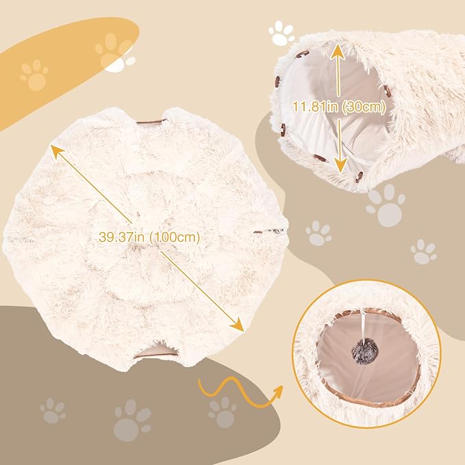 Avont Cat Tunnel Bed, Washable Cushion, Large 3-in-1 Play Tube for Cats | Play, Rest & Snuggle | Spacious for Big Cats | Durable Toggle Design | Removable Washable Cushion | Beige