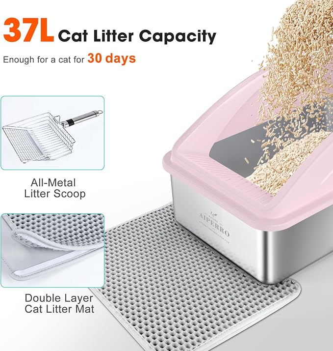 AIPERRO Stainless Steel Litter Box | XL Enclosed Cat Litter Boxes with Lid for Big Cats | High Sided, Anti-Urine Leakage | Non-Stick Bottom & Includes Litter Mat & Metal Scoop