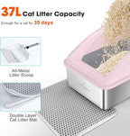 AIPERRO Stainless Steel Litter Box | XL Enclosed Cat Litter Boxes with Lid for Big Cats | High Sided, Anti-Urine Leakage | Non-Stick Bottom & Includes Litter Mat & Metal Scoop
