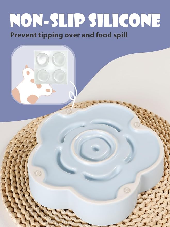 Ceramic Slow Feeder Dog Bowl, Anti-Choking Slow Food Bowls, 8" 11.3oz Slow Feeder for Medium, Large Breeds, Plum Puzzle Design, Non-Slip Silicone, Dishwasher and Microwave Safe, Blue