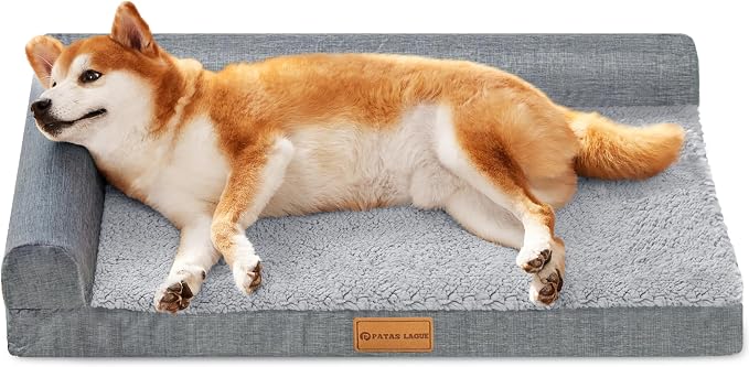 Patas Lague Orthopedic Large Dog Bed Pet Sofa Beds 36''X24'' Grey | L Bolster Egg-Crate Foam Dog Couch For Large Sized Dogs, Waterproof Removable Washable Cover, Pet Mat with Nonskid Bottom