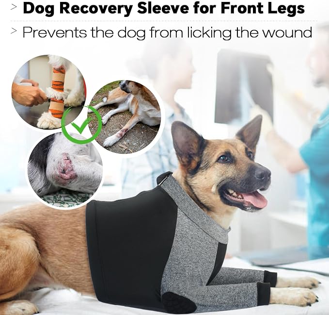 Lelepet Dog Recovery Suit for Front Legs Dog Sleeve to Stop Licking Black M | Elbow Protector for Leg Injuries Shoulder Wounds After Surgery Male Female,Zippered Long-Sleeved Shirt Cone Alternative S-3XL