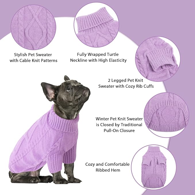 Queenmore Small Dog Pullover Sweater, Cold Weather Cable Knitwear, Classic Turtleneck Thick Warm Clothes for Chihuahua, Bulldog, Dachshund, Pug (Lilac, Large)