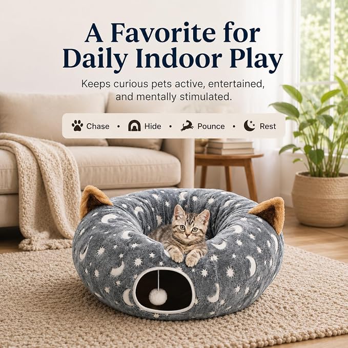 Cat Tunnel Bed Under Christmas Tree with Plush Ball Toy Playground Crinkle Collapsible Self-Luminous Flannel Fabric 3FT for Large Cats Kittens Kitty Small Animals Puppy Grey Moon Star