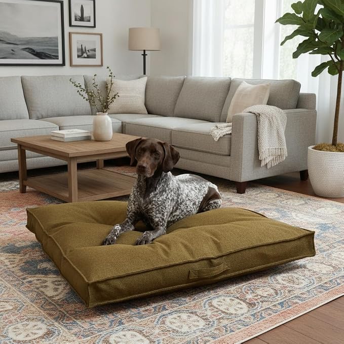 Indoor Dog Bed with Removable Washable Cover, Soft Basketweave Fabric, Reversible Cushion, Carry Handle, Baffle Construction to Help Prevent Fill Shifting, Moss - Large (40"x40")
