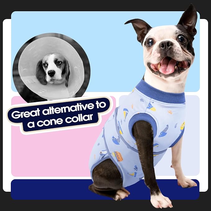 FUAMEY Dog Recovery Suit, Soft Surgical Suit for Dogs Onesie for Surgery | Cone Alternative after Surgery, Abdominal Wound Protector, Anti Lick Suit, Dog Onesie for Surgery Female Male Blue Boat S