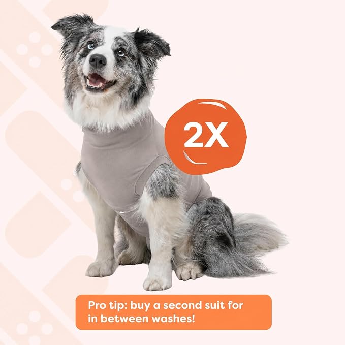 Suitical - The Original Dog Surgery Recovery Suit - Replace E-Collar & Cone - Spay, Neuter, Wounds, Prevent Licking - Small+ Neck to Tail 19.3-22.4in - Chest 25-35.5in - Weight 33-42lbs Sandstone Grey