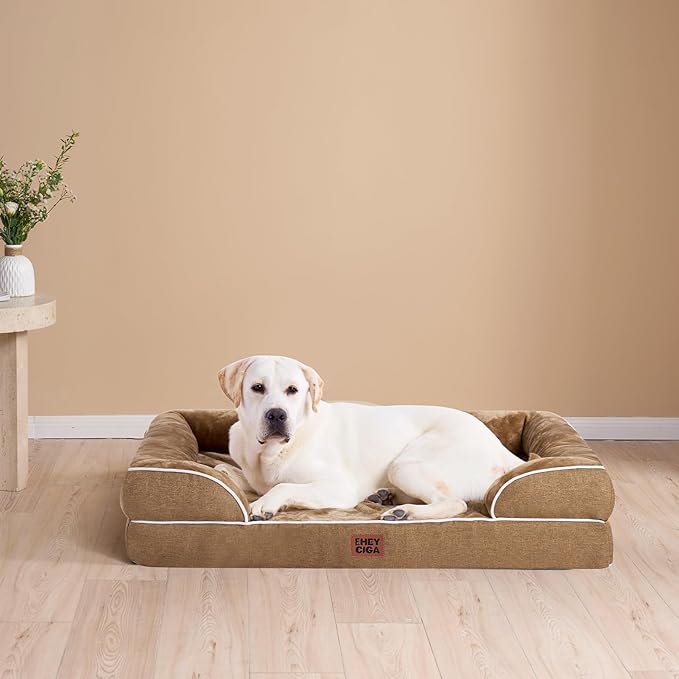EHEYCIGA Orthopedic Small Dog Bed, Waterproof Memory Foam Washable Pet Beds | Non-Slip Bottom and Egg-Crate Foam Medium Pet Couch Bed with Washable Removable Cover, Camel