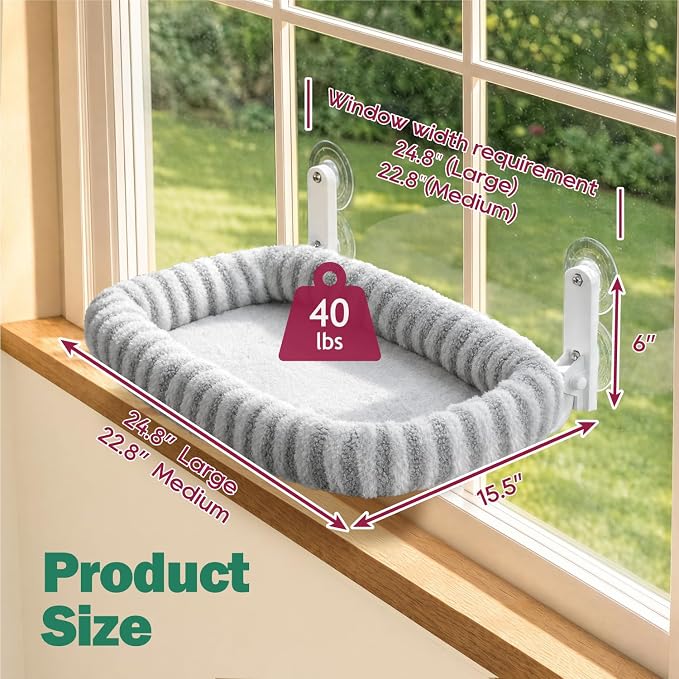 Zakkart Mellow Foldable Cat Window Perch, Upgraded Suction Cups (Gray, M) | Curtain-Friendly, Dual-Fabric Striped Machine Washable Bed, Heavy Duty ABS & Metal Frame, Hold up to 40 lbs., 22.8"W x 15.5"D