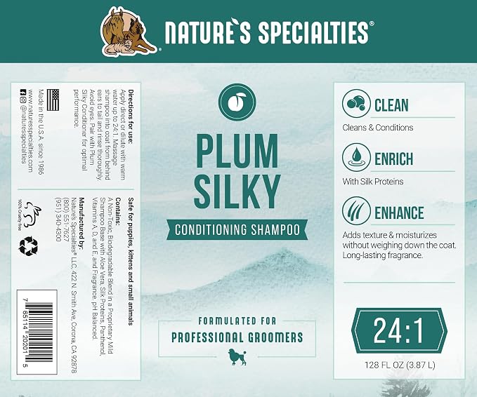 Nature's Specialties Plum Silky Ultra Concentrated Dog Shampoo Conditioner, Makes up to 24 Gallons, Natural Choice for Professional Pet Groomers, Silk Proteins, Made in USA, 1 gal