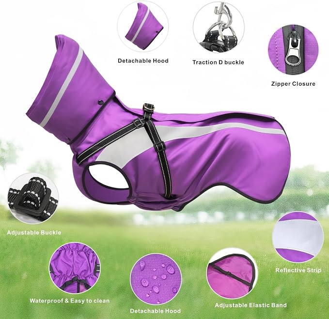 Dog Raincoat Waterproof Raincoats for Dog Reflective Dogs Rain Jackets with Hood Hoodie Pet Rain Poncho Coat for Small Medium Large Dogs Puppies S-XXL (Purple, S)