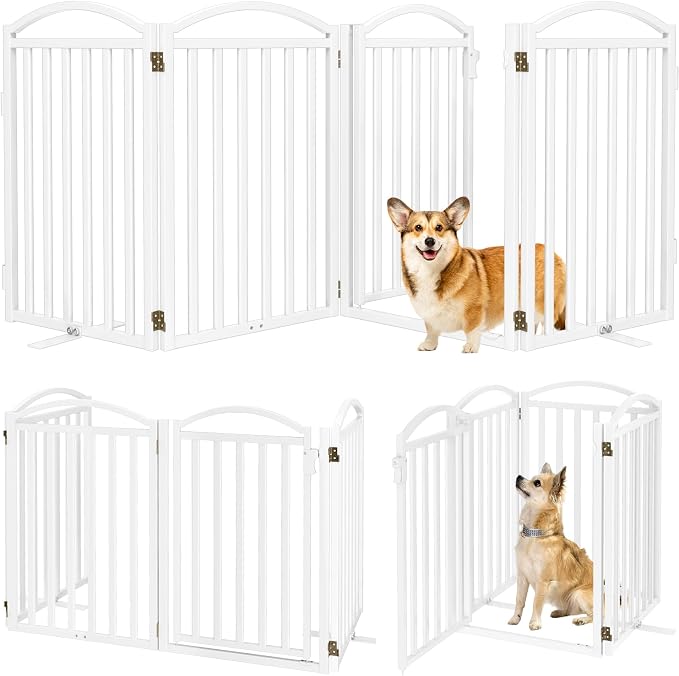 Malier Metal Freestanding Dog Gates with Door, Outdoor Indoor Dog Fences, Extra Wide Foldable Puppy Gate for Stairs, Hallways, Yard (White, 80''W × 32''H【4 Panels】)