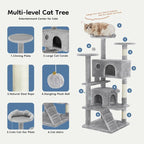 DUMOS 54 Inch Cat Tree Tower with Scratching Posts | Indoor Multi-Level Pet House for Large Cats with 2 Condos, Round Platform, Small Ladder and Toys, Light Grey