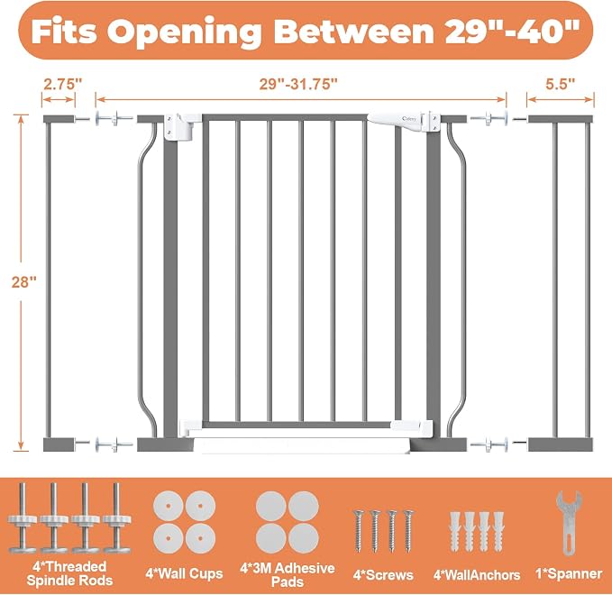 Baby Gate No Drilling, 29"-40" Dog Gate Indoor for Stairs & Doorways | Auto Close, Pressure Mounted Adjustable Pet Gate Indoor, Easy Walk Through Child Gate for Baby & Pet Stroller Friendly, Grey