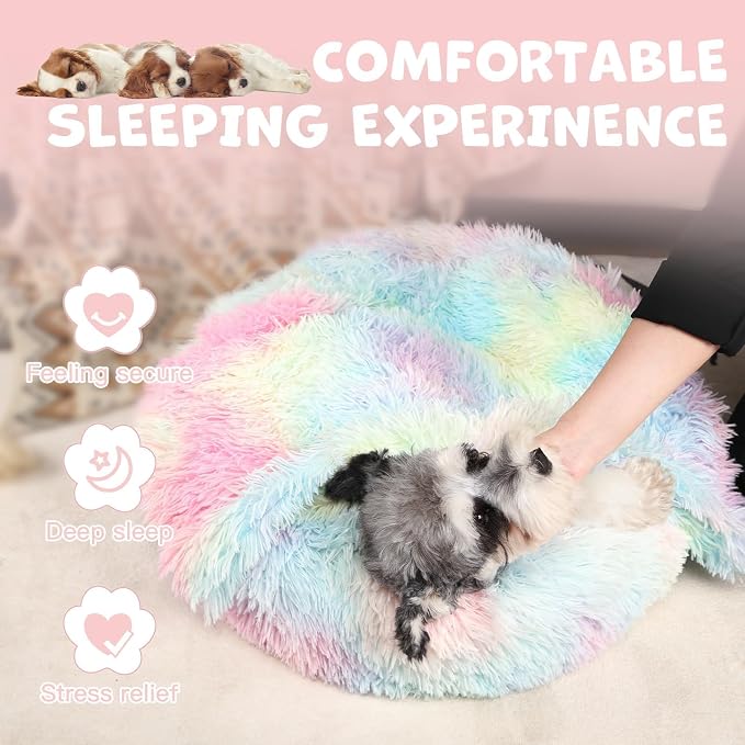 Himax Covered Large Dog Bed with Blanket Attached Calming Burrow Multicolor | 35in Anti-Anxiety Donut dog bed with cover, Washable Round Fluffy Pet& Cat Beds for Indoor