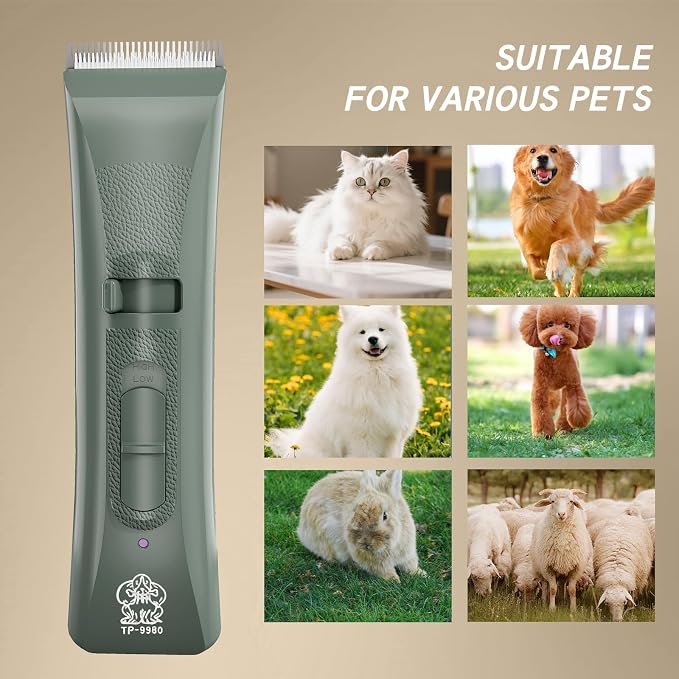 Tife Low Noise Dog Clipper – Cordless Pet Grooming Kit with Rechargeable Battery, Quiet Electric Hair Trimmer for Thick Coats, Adjustable Blade Pet Shaver for Dogs & Cats (Green)