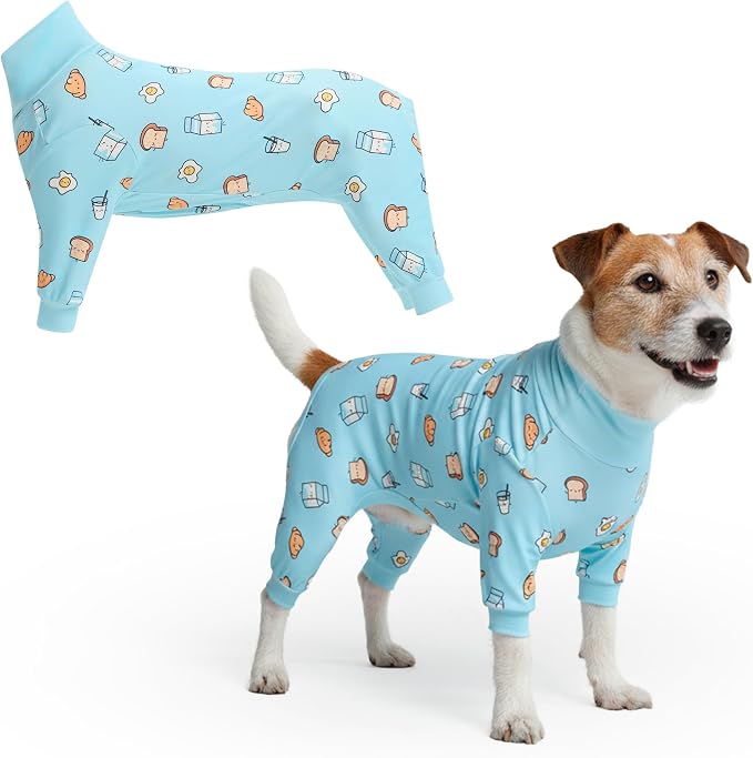 Spark Paws Dog Pajama, Dog Recovery Suit Male, Onesie, Ultra-Soft and 4-Way Stretch, for Small Medium and Large Breeds - Breakfast Blue - L