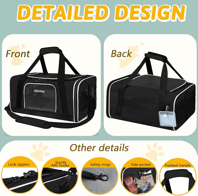 Petskd Small Pet Carrier 17" L x 11" W x 9.5" H Airline Approved, Black | for Alaska Airlines, Lockable Safety Zippers and Anti-Scratch Mesh, Pets Under 10 lbs