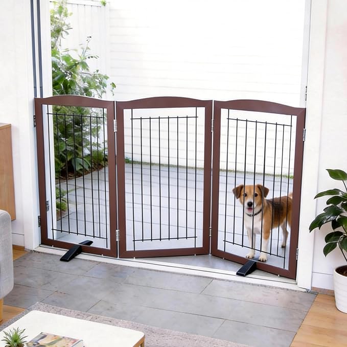 ZJSF Freestanding Dog Fence Indoor, Foldable Dog Gate for Doorways, Stairs or Hallways, Sturdy Wood Extra Wide Pet Gate with Support Feet for The House, Brown, 32 "Height-3 Panels