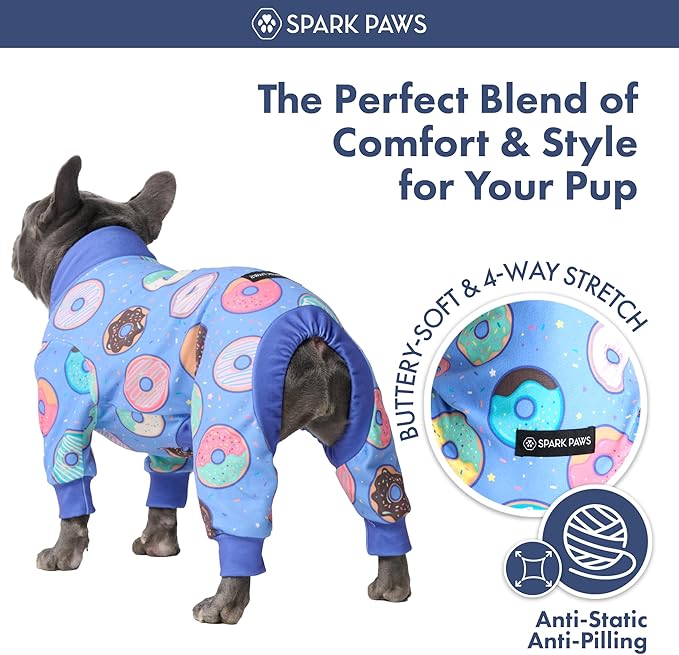 Spark Paws Dog Pajama, Dog Recovery Suit Male, Onesie, Ultra-Soft and 4-Way Stretch, for Small Medium and Large Breeds - Donuts - XL