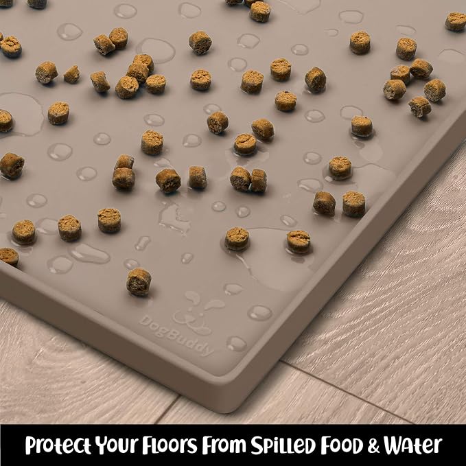 DogBuddy Dog Food Mat – Waterproof Dog Bowl Mat for Food and Water, Silicone Pet Feeding Mats for Floors, Non-Slip Placemat with High Edges for Dogs Bowls, Puppy Essentials (Small: 19"x12", Taupe)
