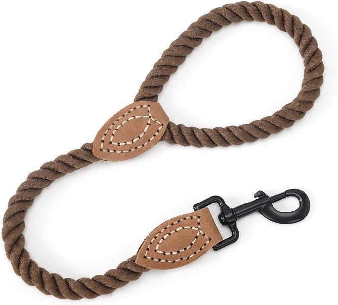 Mile High Life Dog Leash Braided Cotton Rope with Leather-Reinforced Ends | Rust-proof 360° swivel clasp, Heavy-duty for medium/large dogs. Great for weddings, daily walks (18IN, 1/2", Dark Brown)