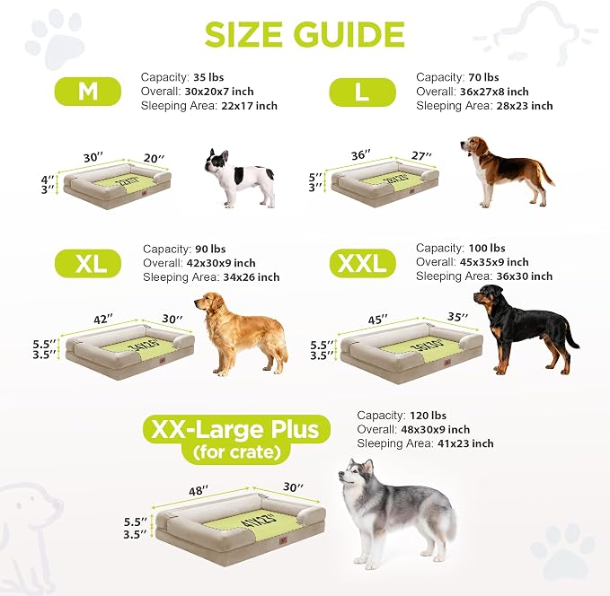Waterproof Orthopedic Dog Bed for Extra Large Sized Dogs | Memory Foam Pet Bed Sofa with Bolster, Dog Couch with Washable Cover & Non-Slip Bottom, 48x30 Inch, Beige