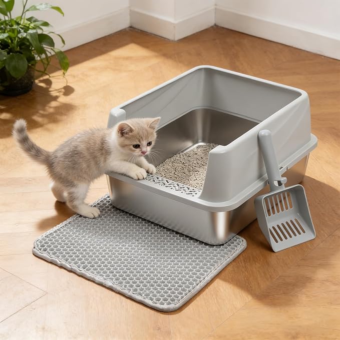 Stainless Steel Litter Box with Lid,Kitten Litterbox for Small Cats | Low Entry Cat Litter Box,Metal Kitty Litter Box with Scoop and Mat,Non-Stick,Odor-Free,Easy to Clean
