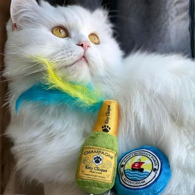 Haute Diggity Kitty Clicquot Bottle + Caviar Set, Soft Plush Cat Toys | 2 Pack Catnip Toys with Interactive Crackle & Feathers, Safe & Durable Cat Nip Kicker Toy for Outdoor & Indoor Cats & Kitten