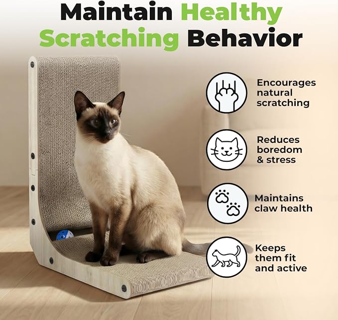 Best Pet Supplies Catify L-Shaped Cardboard Cat Scratcher - H: 19" | 15"x 9"x19", Ball Toy Included, Durable Corrugated Cardboard, Space Saving Design, Furniture Protector, Indoor Cats & Kittens