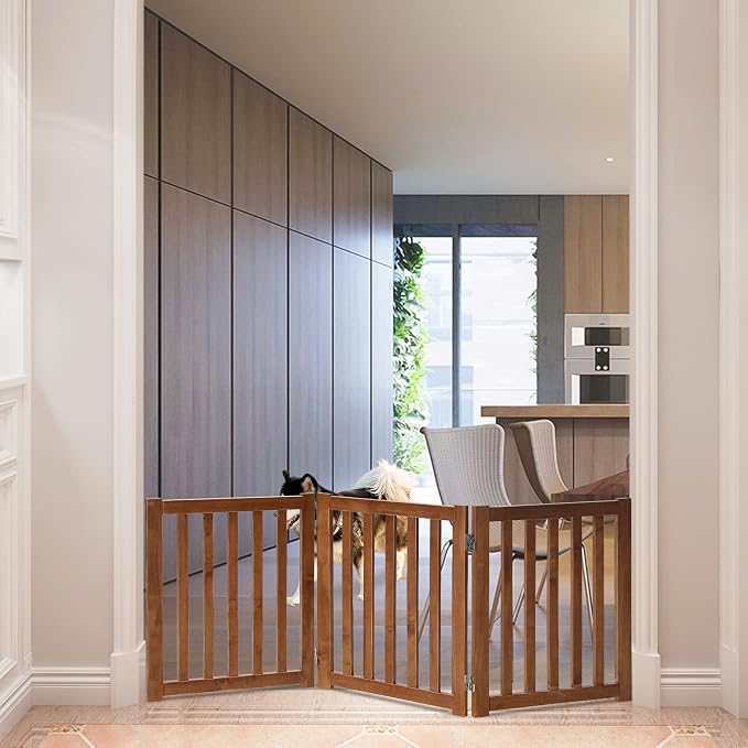LZRS Wooden Free Standing Dog Gate 60" W x 24" H, Foldable Solid Hardwood Pet Safety Fence for House Doorways, Stairs, Hallways, Step-Over Pet Barrier, No Drill Easy Setup, Oak