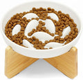 Slow Feeder Bowl for Cats and Small Dogs,Cilkus Fish Pool Design, Fun Interactive Bloat Stop Puzzle Feeder Bowl Healthy Eating Diet Made of Melamine Food Grade Material (White Ceramic-Bamboo Stand)