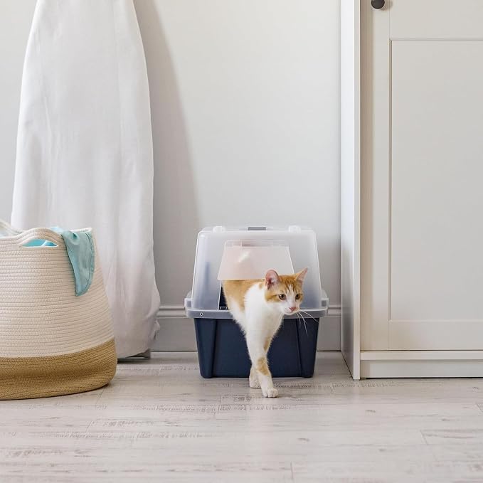 IRIS USA Large Front Door Cat Litter Box, Walk-in Entry, Navy | Senior Cats, Private Enclosure Design, Flip Door Access, Covered Walk-Through, Privacy Hood, Contained Environment