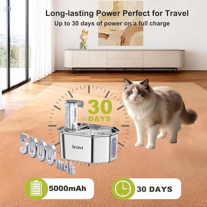 Cat Water Fountain Stainless Steel,Cordless,Rechargeable,2.6L,1 Filter | cat fountain,wireless,water fountain for cats,outdoor,indoor,battery operated,motion sensor,metal,auto,outside,automatic