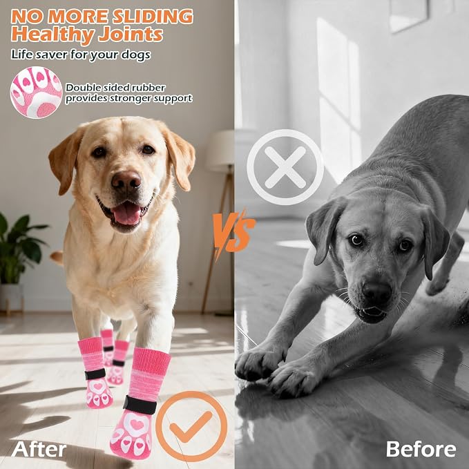 EXPAWLORER Dog Socks to Prevent Licking Paws with Grippers for Hardwood Floors Anti Slip,Glow-in-the-Dark Dog Summer Shoes Booties Boots & Paw Protectors for Small Medium Large Senior Dogs Pink XL
